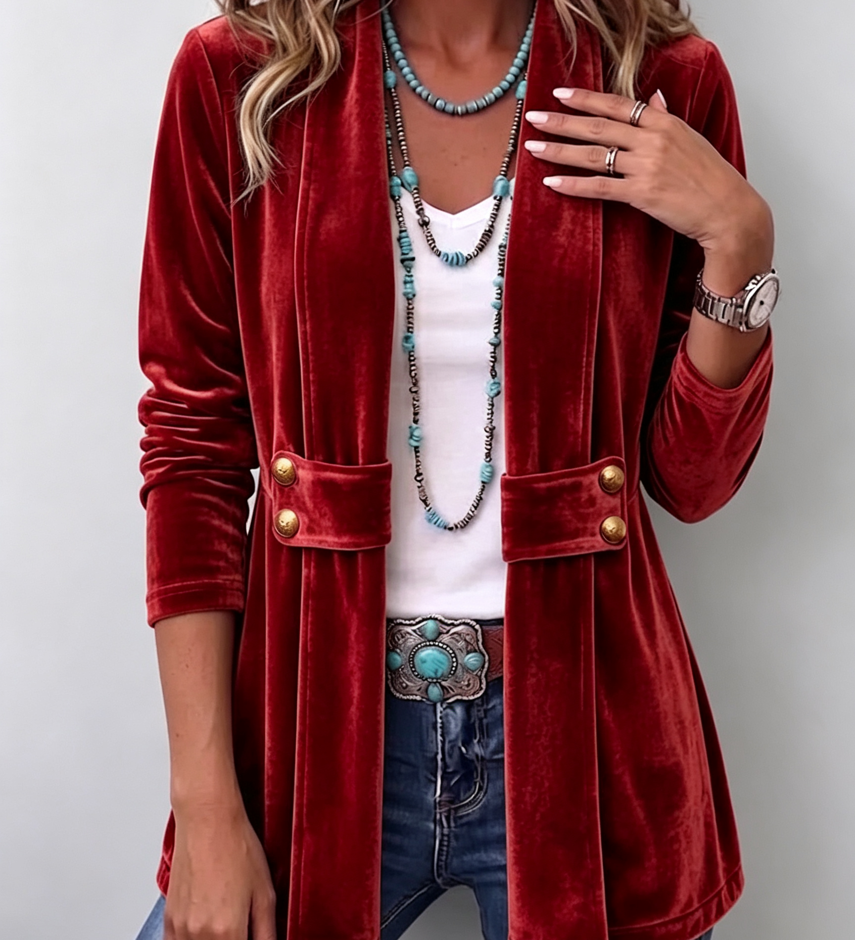 Avery | Vintage Lapel Button-Accent Long Sleeve Open Front Jacket
