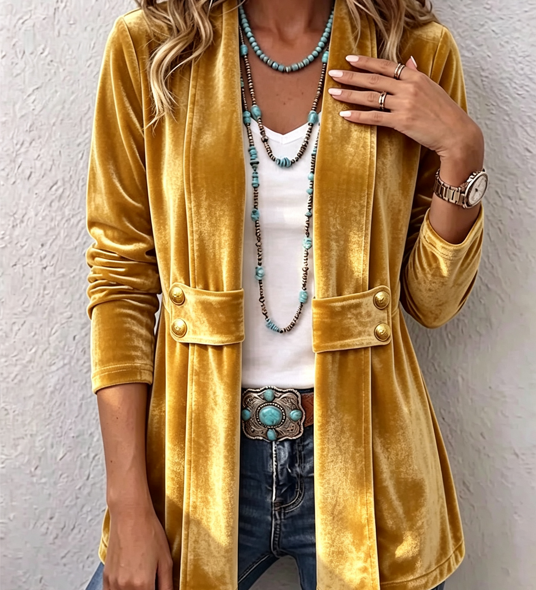 Avery | Vintage Lapel Button-Accent Long Sleeve Open Front Jacket