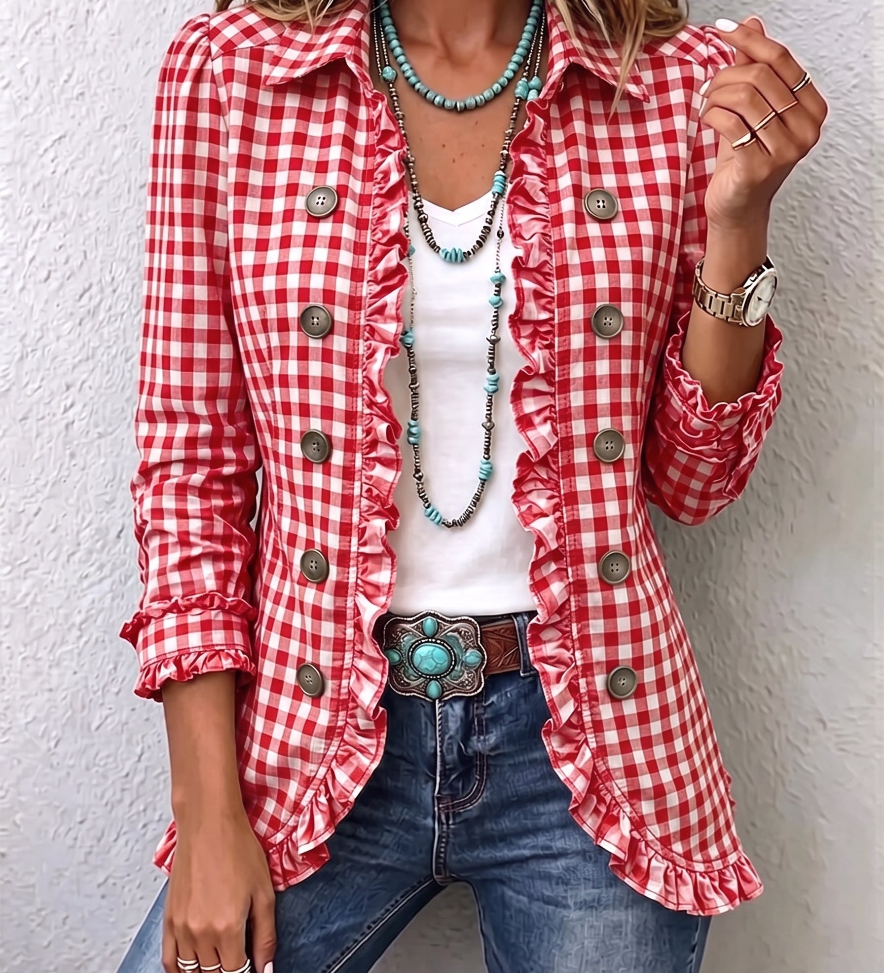 Evelyn | Gingham Ruffled Button-Down Jacket