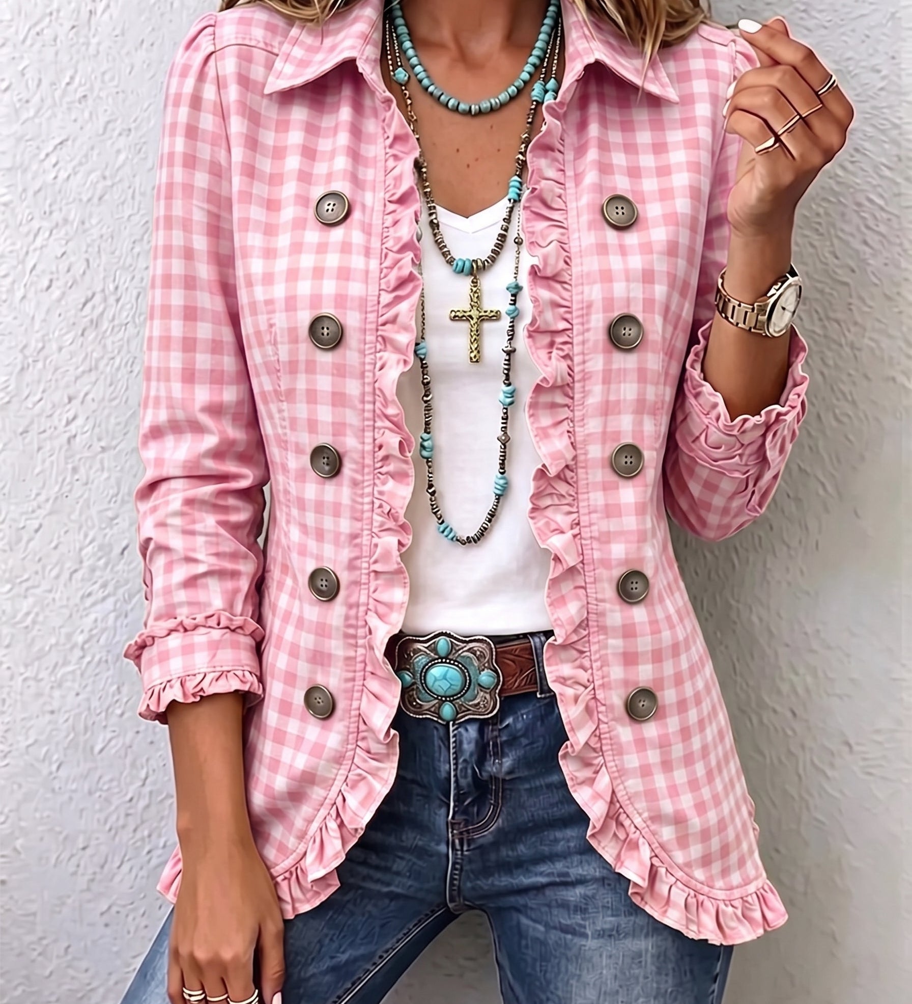 Evelyn | Gingham Ruffled Button-Down Jacket