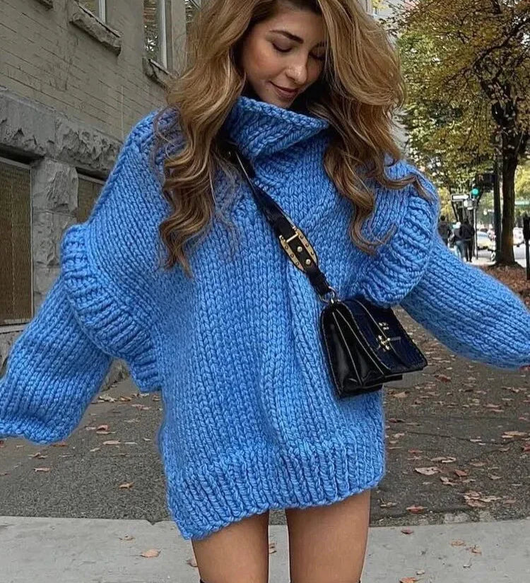 Chunky Turtleneck Sweater for Women – Oversized Knitted Sweater with Puff Sleeves